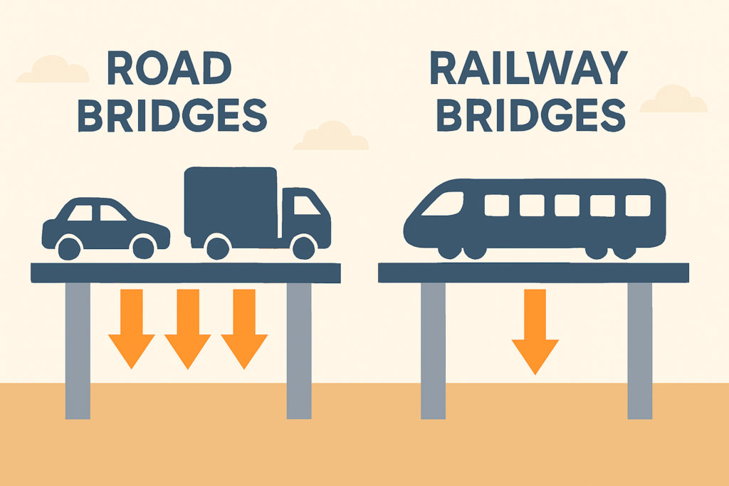 道路と鉄道の荷重のかかり方の違いを示すイメージ図