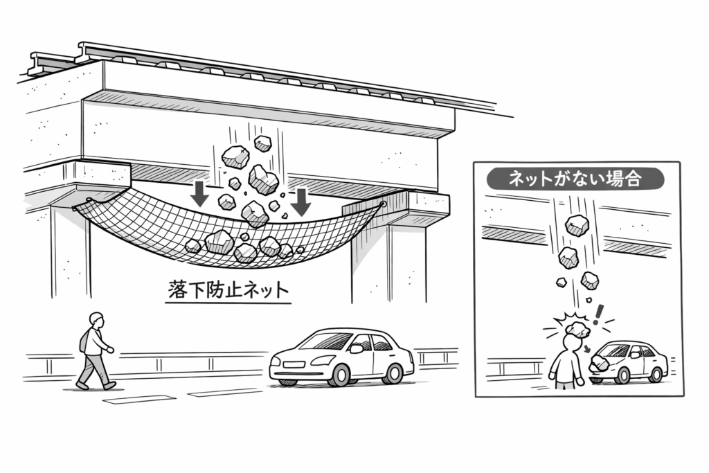 落下防止ネットの役割を示すイメージ図