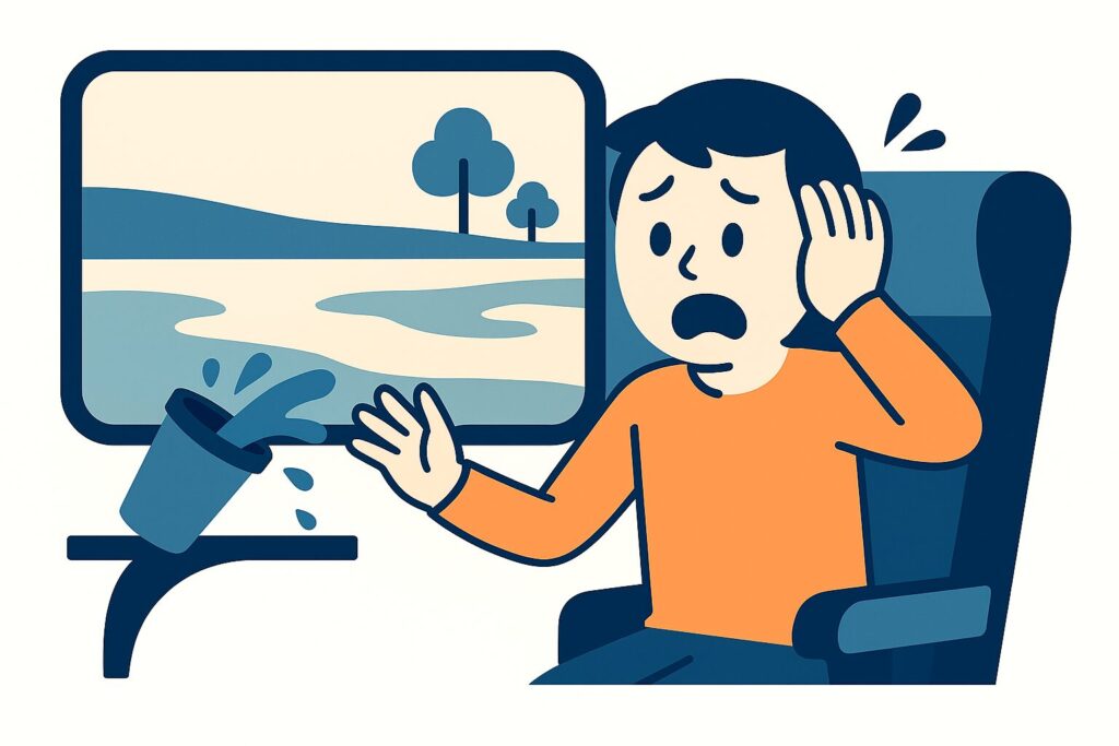 たわみで橋が揺れ、飲み物がこぼれて困る人のイメージ