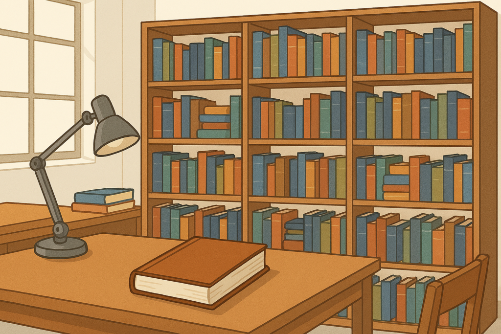 書庫にテキストが並ぶ様子