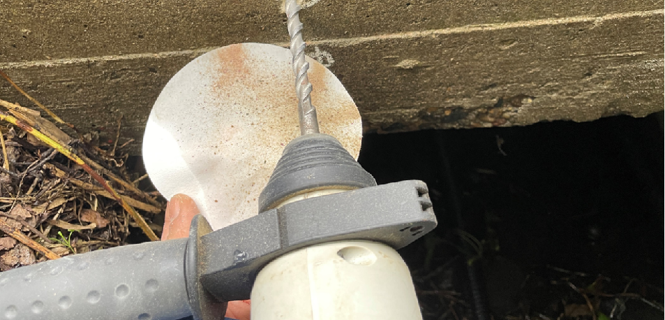 ドリルで粉末を採取している状況